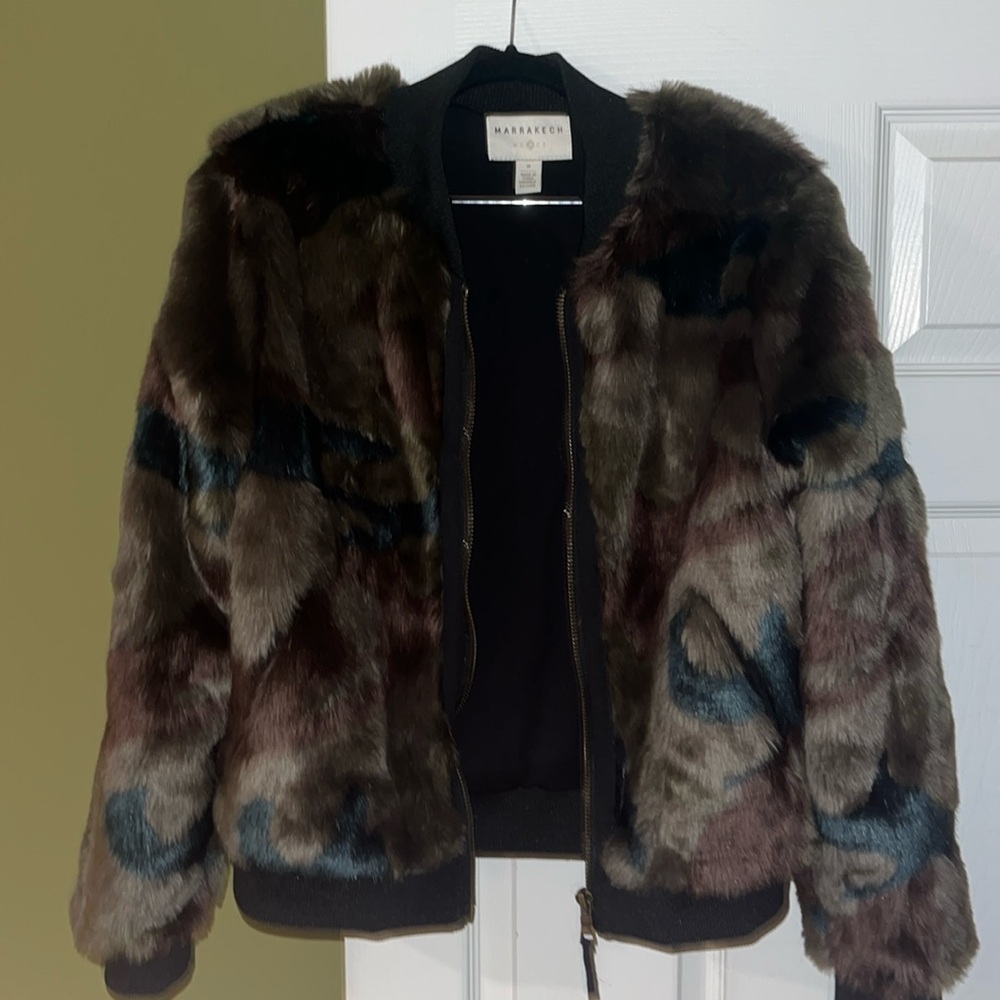 The COOLEST Anthropologie camo fur bomber jacket, size M